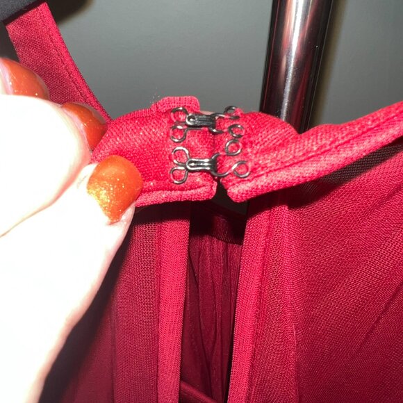 David’s Bridal Red Midi Halter Mesh High Neck Formal Dress - Picture 7 of 8